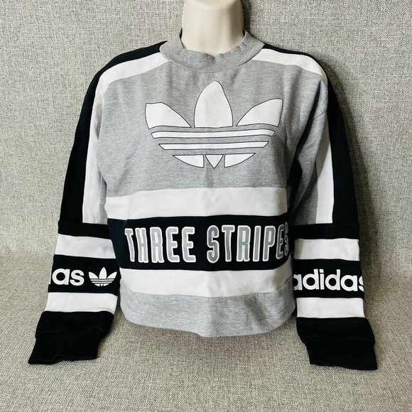 Adidas Three Stripes Trefoil crop top Sweatshirt Size M Black White Gray - Picture 2 of 8
